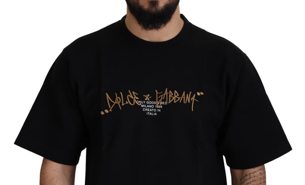 Dolce &amp; Gabbana Black Logo Cotton Crewneck T-paita