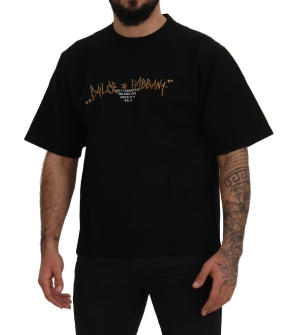 Dolce &amp; Gabbana Black Logo Cotton Crewneck T-paita