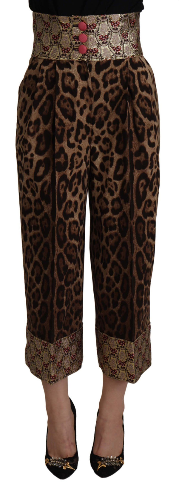 Dolce &amp; Gabbana Ruskeat Leopard Gold Jacquard korkeavyötäröiset housut