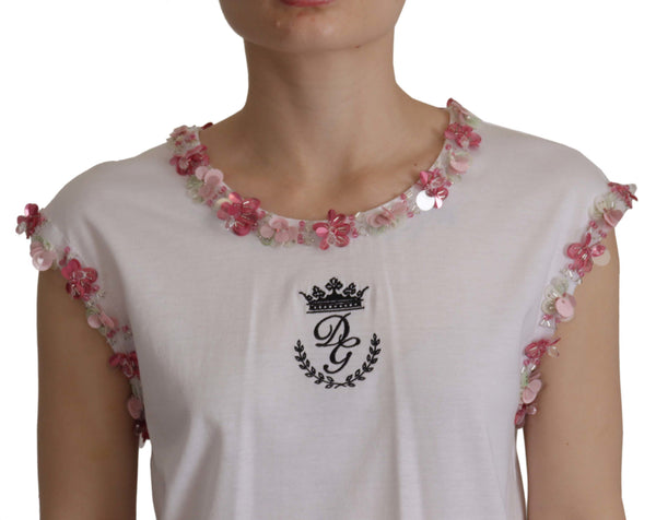 Dolce &amp; Gabbana White DG Crown Floral Sequin T-paita