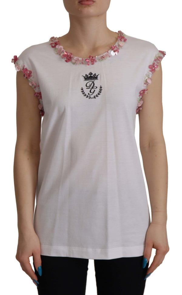 Dolce &amp; Gabbana White DG Crown Floral Sequin T-paita