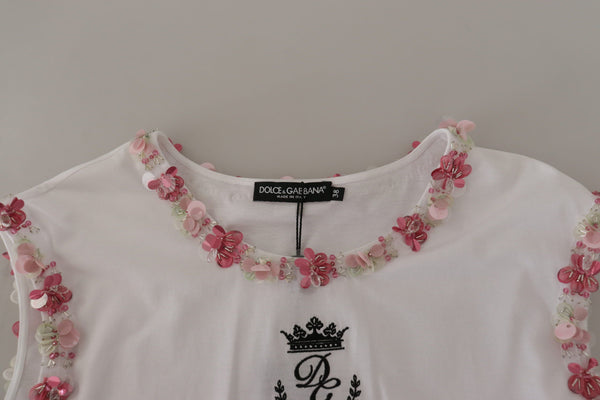 Dolce &amp; Gabbana White DG Crown Floral Sequin T-paita