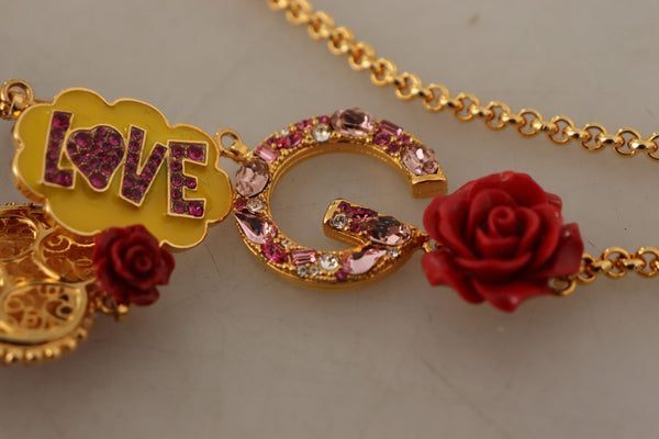 Dolce &amp; Gabbana Gold Rose Love Crystal Charm Chain kaulakoru
