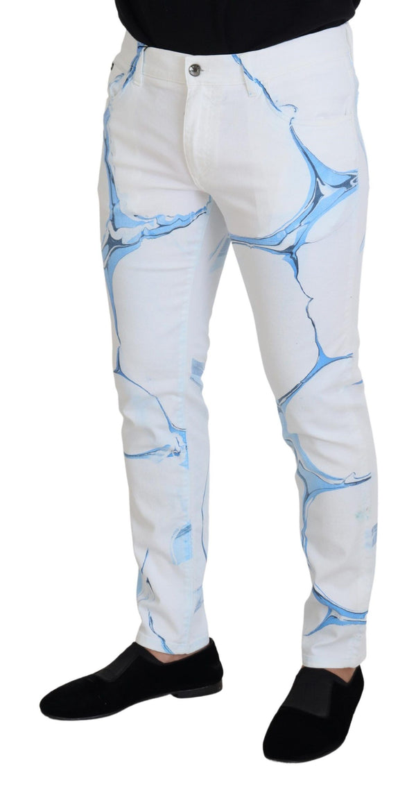 Dolce &amp; Gabbana White Blue Denim Cotton Jeans Stretch Skinny Fit Pant