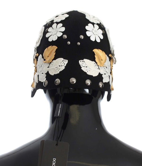 Dolce & Gabbana Elegant Black Floral Wool Cloche Hat