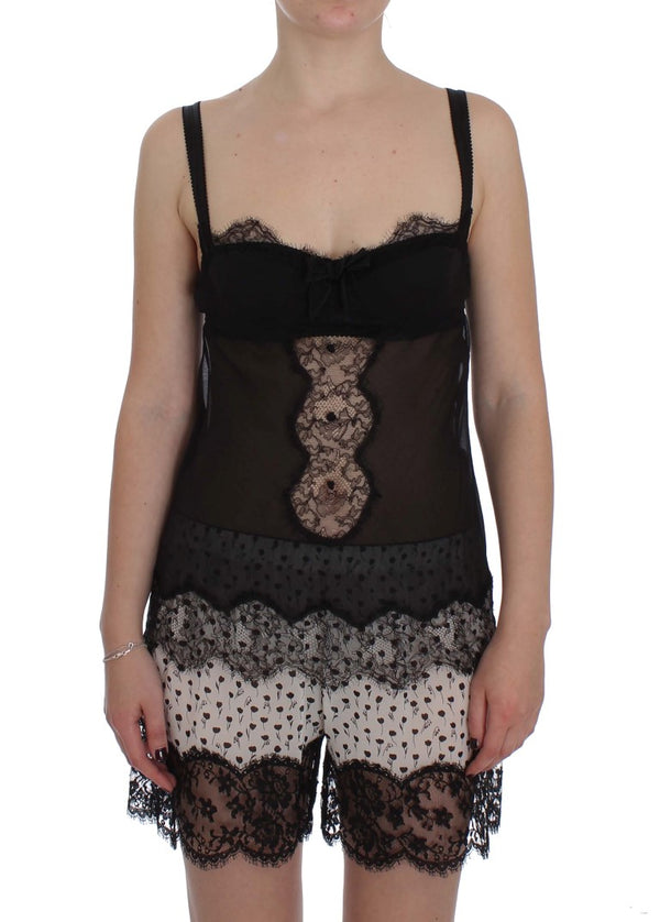 Dolce &amp; Gabbana Black Silk Floral Lace Alusvaatteet toppi