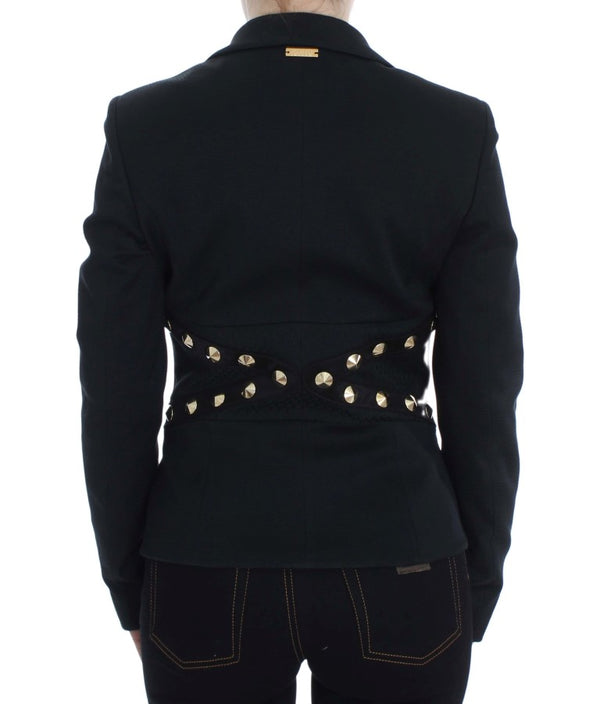 Exte Black Cotton Stretch Gold Studded Blazer -takki