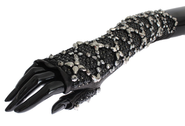 Dolce & Gabbana Elegant Black Crystal Beaded Leather Gloves