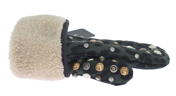 Dolce &amp; Gabbana Grey Wool Shearling nastoitettu vihreä leopardikäsineet