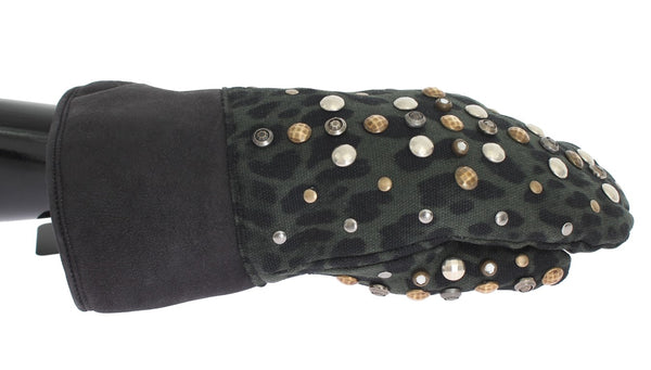 Dolce &amp; Gabbana Grey Wool Shearling nastoitettu vihreä leopardikäsineet
