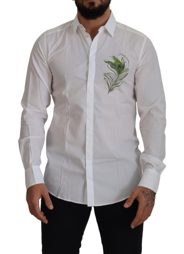 Dolce &amp; Gabbana White Cotton Peacock Feather Formal GOLD -paita