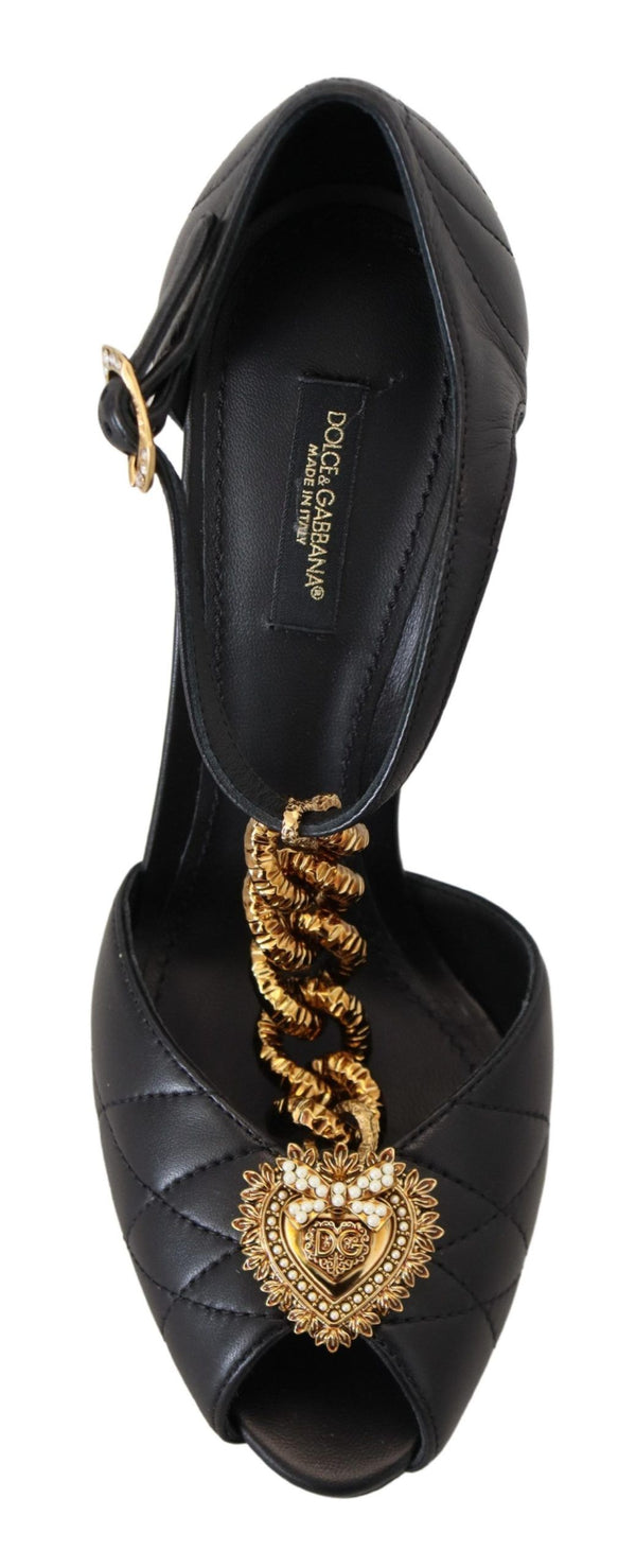 Dolce &amp; Gabbana Black Leather Gold Devotion Heart Sandals -kengät