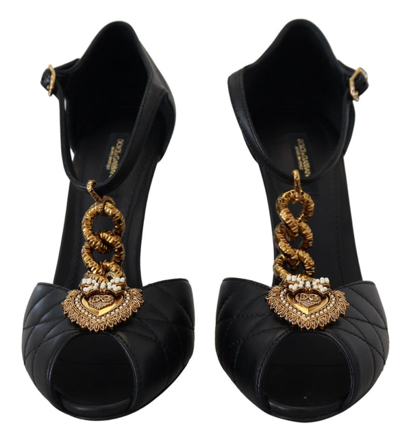 Dolce &amp; Gabbana Black Leather Gold Devotion Heart Sandals -kengät