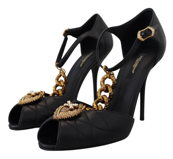 Dolce &amp; Gabbana Black Leather Gold Devotion Heart Sandals -kengät