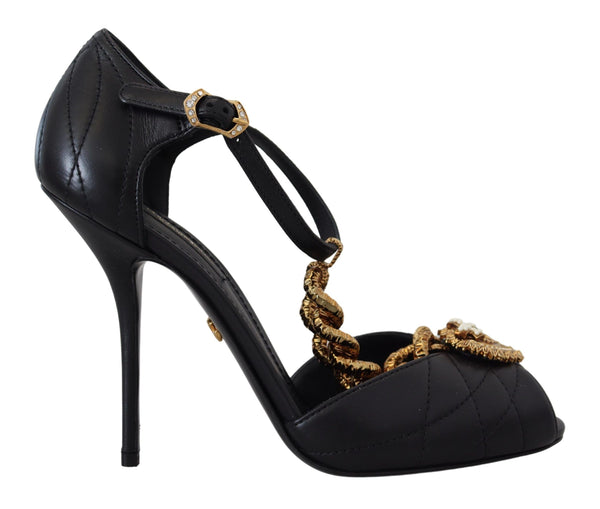 Dolce &amp; Gabbana Black Leather Gold Devotion Heart Sandals -kengät