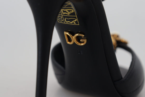 Dolce &amp; Gabbana Black Leather Gold Devotion Heart Sandals -kengät