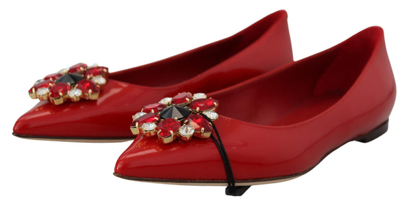 Dolce &amp; Gabbana Red Leather Crystals Loafers Flats Kengät