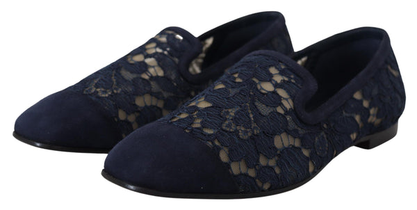 Dolce &amp; Gabbana Blue Floral Lace Slip Ons Loafers Flats Kengät