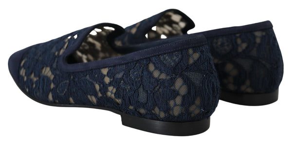 Dolce &amp; Gabbana Blue Floral Lace Slip Ons Loafers Flats Kengät