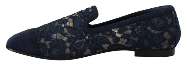 Dolce &amp; Gabbana Blue Floral Lace Slip Ons Loafers Flats Kengät