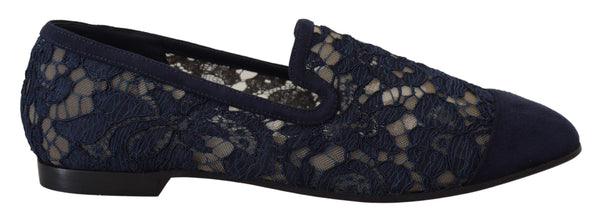 Dolce &amp; Gabbana Blue Floral Lace Slip Ons Loafers Flats Kengät