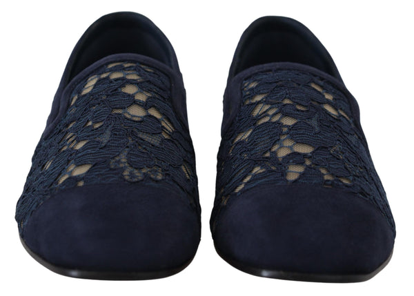 Dolce &amp; Gabbana Blue Floral Lace Slip Ons Loafers Flats Kengät