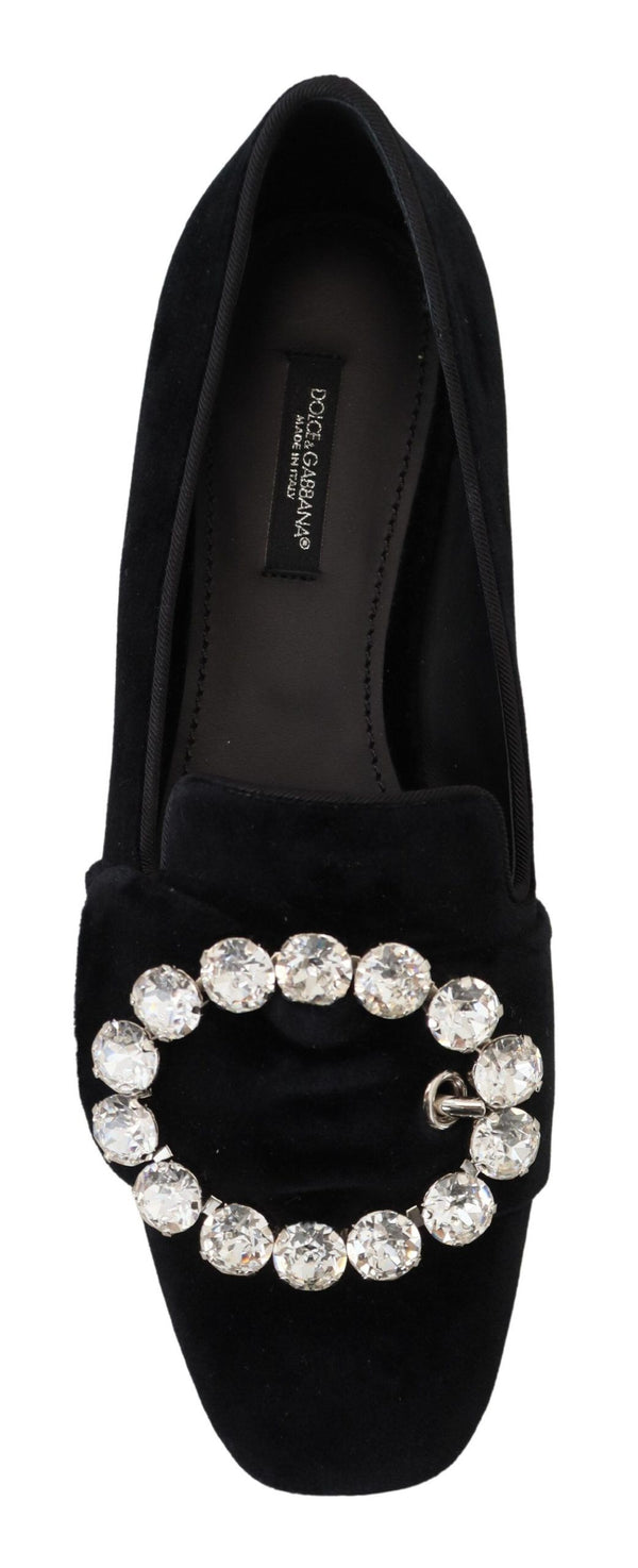 Dolce &amp; Gabbana Black Velvet Crystals Loafers Flats Kengät