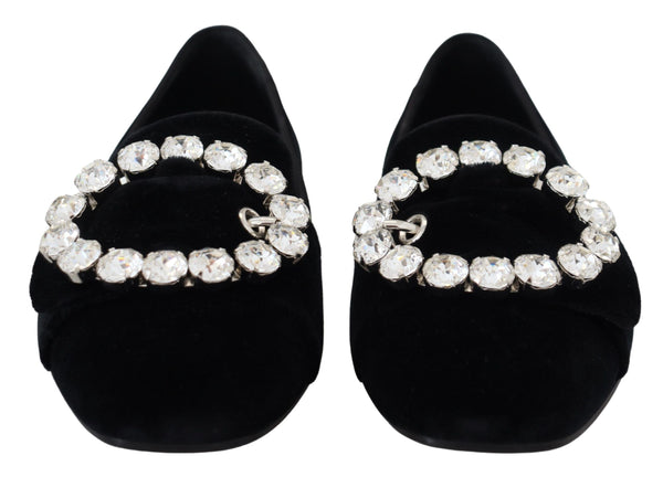 Dolce &amp; Gabbana Black Velvet Crystals Loafers Flats Kengät