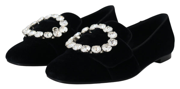 Dolce &amp; Gabbana Black Velvet Crystals Loafers Flats Kengät