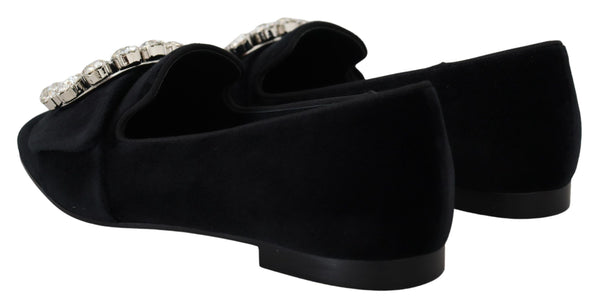 Dolce &amp; Gabbana Black Velvet Crystals Loafers Flats Kengät