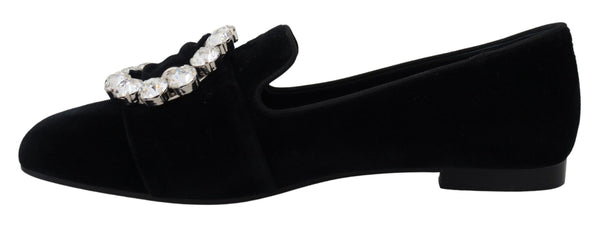 Dolce &amp; Gabbana Black Velvet Crystals Loafers Flats Kengät