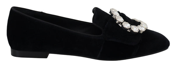 Dolce &amp; Gabbana Black Velvet Crystals Loafers Flats Kengät