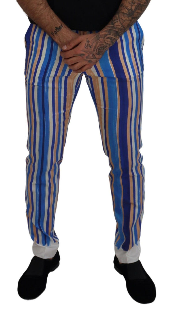 Dolce &amp; Gabbana Blue Striped Silk Cotton Slim Housut