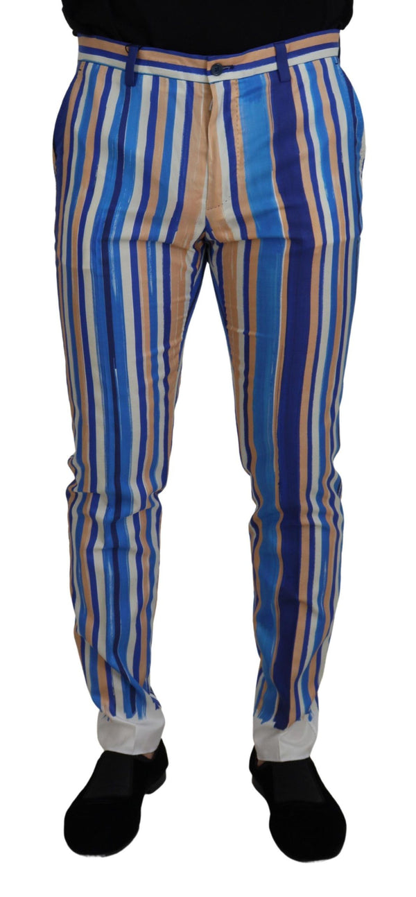 Dolce &amp; Gabbana Blue Striped Silk Cotton Slim Housut