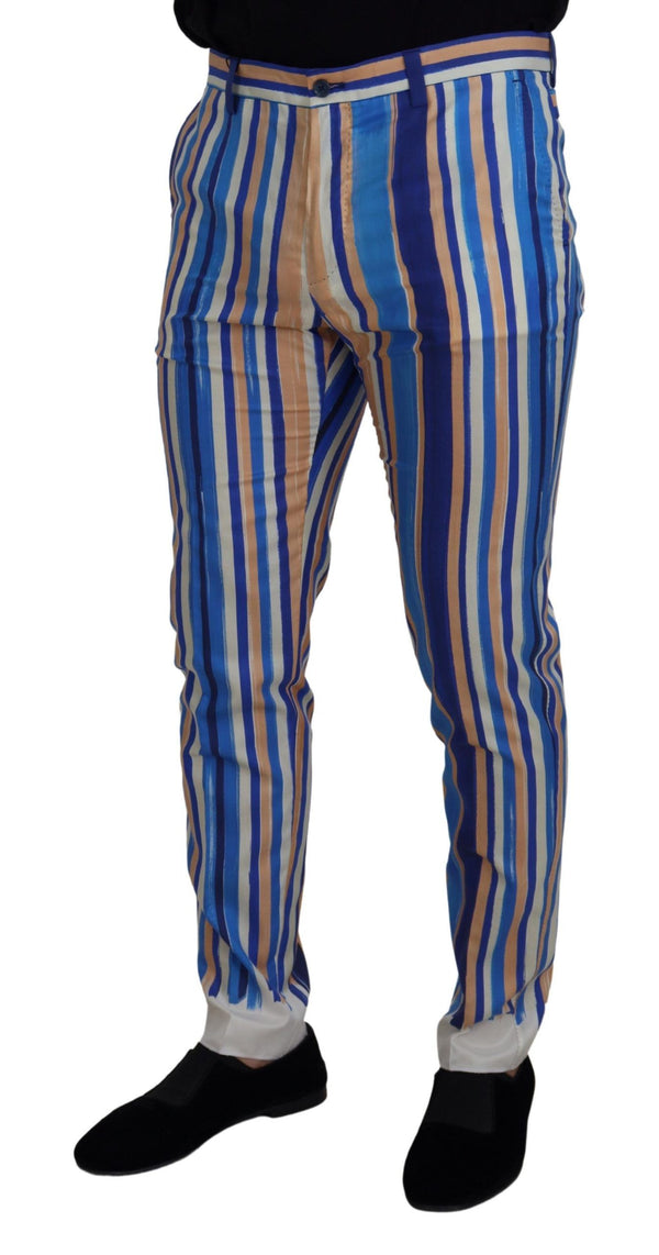 Dolce &amp; Gabbana Blue Striped Silk Cotton Slim Housut