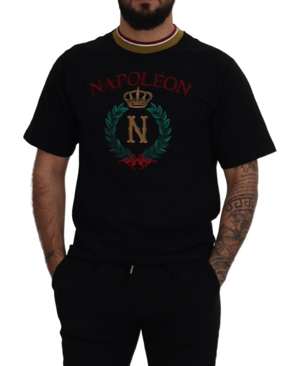 Dolce &amp; Gabbana Black Cotton Brodeerattu Crewneck T-paita