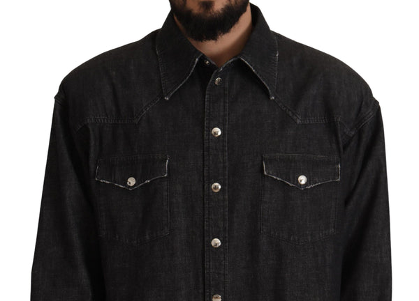 Dolce &amp; Gabbana Grey Cotton Stretch Button Down Denim-paita