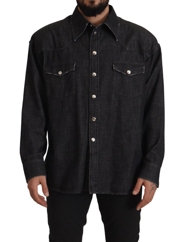 Dolce &amp; Gabbana Grey Cotton Stretch Button Down Denim-paita