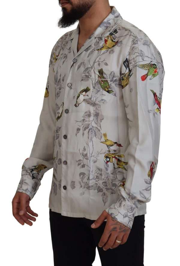 Dolce &amp; Gabbana White Bird Print Silk Satin Casual paita