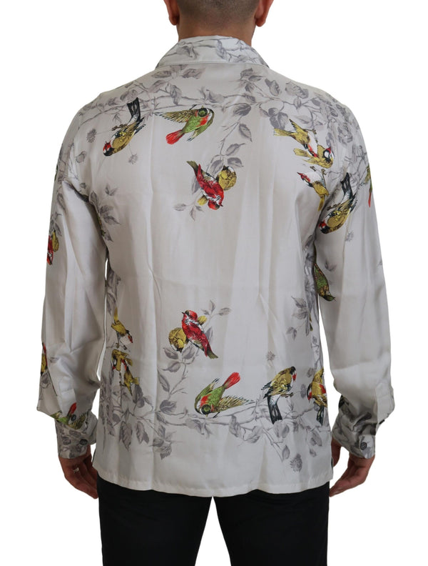 Dolce &amp; Gabbana White Bird Print Silk Satin Casual paita