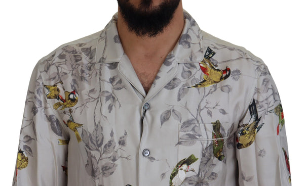 Dolce &amp; Gabbana White Bird Print Silk Satin Casual paita