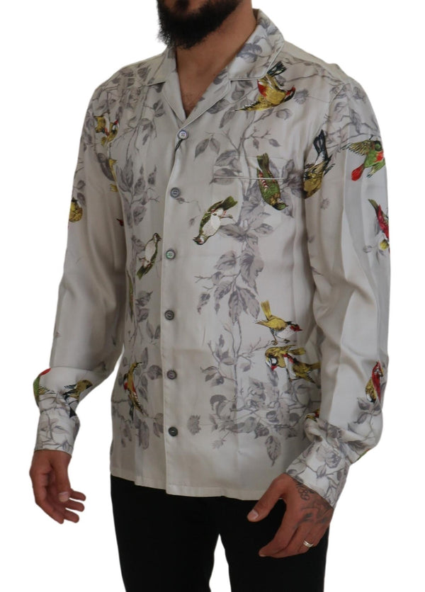 Dolce &amp; Gabbana White Bird Print Silk Satin Casual paita