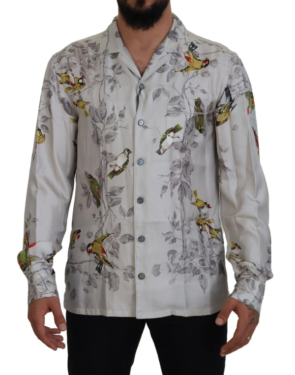 Dolce &amp; Gabbana White Bird Print Silk Satin Casual paita