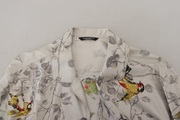 Dolce &amp; Gabbana White Bird Print Silk Satin Casual paita