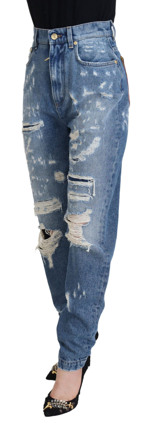 Dolce &amp; Gabbana Blue Washed Cotton Tattered Denim Farkut