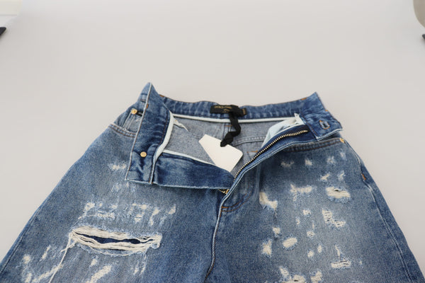 Dolce &amp; Gabbana Blue Washed Cotton Tattered Denim Farkut