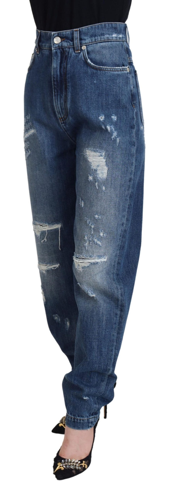 Dolce &amp; Gabbana Blue Washed Cotton Tattered Denim Farkut