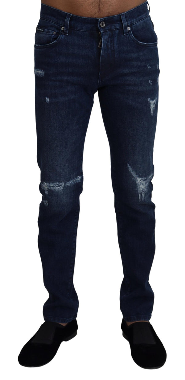 Dolce &amp; Gabbana Blue Cotton Skinny Tattered Denim Farkut