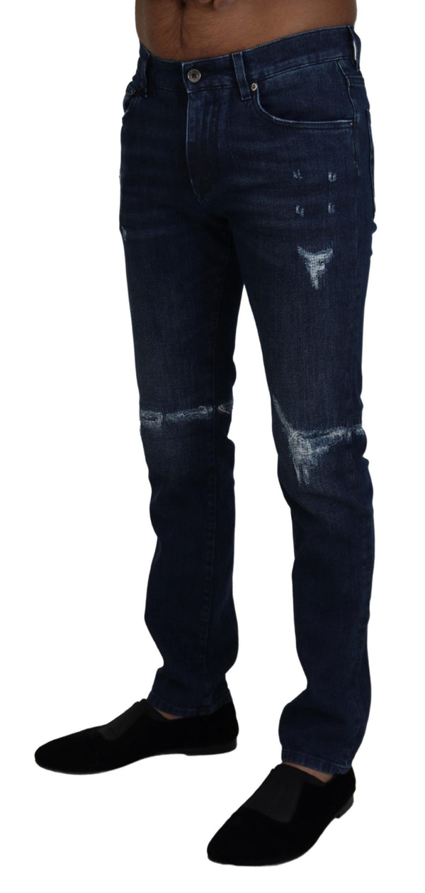 Dolce &amp; Gabbana Blue Cotton Skinny Tattered Denim Farkut