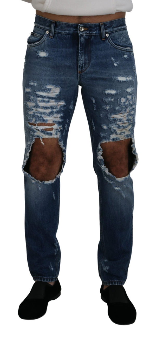 Dolce &amp; Gabbana Blue Cotton Tattered Miesten Denim Farkut